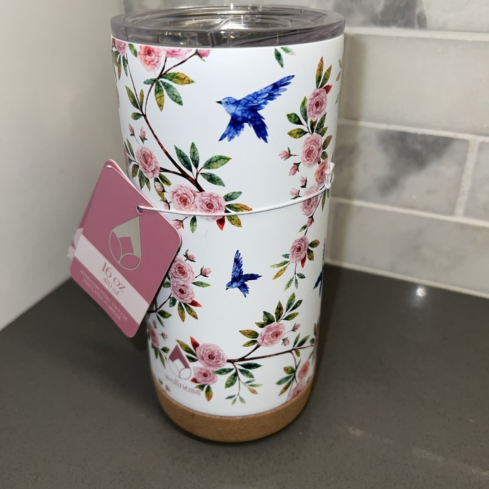 NWT~Floral Wellness 16 oz Stainless Steel Vacuum Insulated Tumbler w/ Cork Base